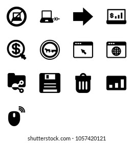 Solid vector icon set - no computer sign vector, notebook connect, right arrow, account statistics, money click, cart horse road, cursor browser, globe, shared folder, save, trash bin
