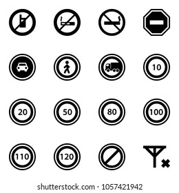 Solid vector icon set - no mobile sign vector, smoking, way road, car, pedestrian, truck, speed limit 10, 20, 50, 80, 100, 110, 120, parking, signal