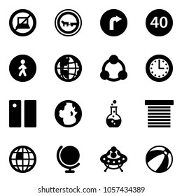 Solid vector icon set - no computer sign vector, cart horse road, only right, minimal speed limit, pedestrian way, globe, social, time, pause, round flask, jalousie, ufo toy, beach ball