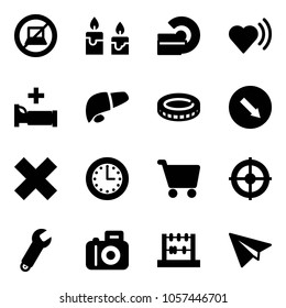 Solid vector icon set - no computer sign vector, candle, mri, heart beat, hospital bed, liver, coin, detour road, delete cross, time, cart, target, wrench, camera, abacus, paper plane