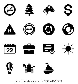Solid vector icon set - no smoking sign vector, christmas tree, dog, dollar, oncoming traffic road, overtake, circle, lifebuoy, calendar, portfolio, certificate, sun, air balloon, robot