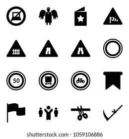 Solid vector icon set - no computer sign vector, angel, star postcard, side wind road, railway intersection, narrows, prohibition, speed limit 50, dangerous cargo, bike, flag, team leader, opening