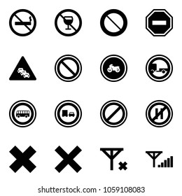 Solid vector icon set - no smoking sign vector, alcohol, prohibition road, way, multi lane traffic, moto, trailer, bus, truck overtake, parking, even, delete cross, signal, fine