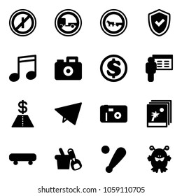 Solid vector icon set - no parkin odd, trailer vector road sign, cart horse, shield check, music, camera, dollar, presentation, paper fly, photo, skateboard, shovel bucket, baseball bat, toy monster