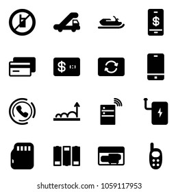 Solid vector icon set - no mobile sign vector, trap truck, snowmobile, payment, credit card, exchange, phone, horn, growth, server wireless, power bank, micro flash, battery, generator, toy