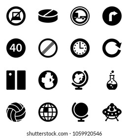 Solid vector icon set - no computer sign vector, pill, trailer road, only right, minimal speed limit, time, reload, pause, globe, round flask, volleyball, ufo toy
