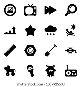 Solid vector icon set - no computer sign vector, tv, fast forward, magnifier, growth arrow, star medal, rain cloud, beach, level, nut, shovel, jack, wheel horse, beanbag, toy monster, radio