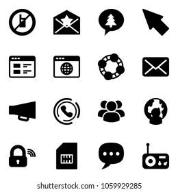 Solid vector icon set - no mobile sign vector, star letter, merry christmas message, cursor, website, browser globe, friends, mail, loudspeaker, phone horn, group, man, wireless lock, sim, chat