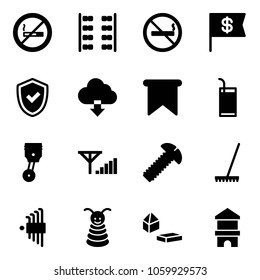 Solid vector icon set - no smoking sign vector, plane seats, dollar flag, shield check, download cloud, drink, piston, fine signal, screw, rake, allen key set, pyramid toy, constructor blocks