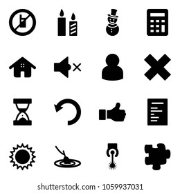 Solid Vector Icon Set - No Mobile Sign Vector, Candle, Snowman, Calculator, Home, Volume Off, User, Delete Cross, Sand Clock, Undo, Like, Document, Sun, Fishing, Laser, Puzzle