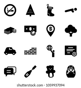 Solid vector icon set - no smoking sign vector, christmas tree, sock, push ups, cash, dollar pin, upload cloud, car, brick wall, world, certificate, dialog, chisel, bear toy, russian doll