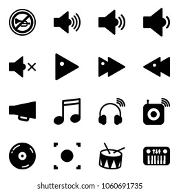 Solid vector icon set - no horn vector road sign, volume max, medium, low, off, play, fast forward, backward, loudspeaker, music, wireless headphones, speaker, cd, record button, drum, toy piano