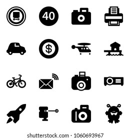 Solid vector icon set - no dangerous cargo vector road sign, minimal speed limit, camera, printer, car, dollar, helicopter, bungalow, bike, wireless mail, projector, rocket, laser lever, toy monster