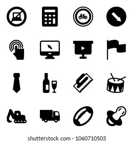 Solid vector icon set - no computer sign vector, calculator, bike road, detour, hand cursor, monitor, presentation board, flag, tie, wine, trowel, drum, excavator toy, truck, football, soother