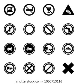 Solid vector icon set - no computer sign vector, smoking, alcohol, multi lane traffic road, parkin odd, prohibition, left turn, car, moto, trailer, bike, truck overtake, stop, parking, delete cross