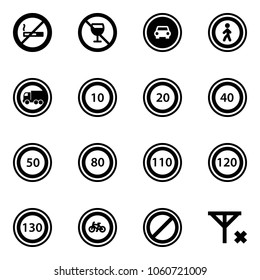 Solid vector icon set - no smoking sign vector, alcohol, car road, pedestrian, truck, speed limit 10, 20, 40, 50, 80, 110, 120, 130, bike, parking, signal