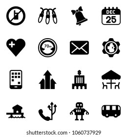 Solid vector icon set - no mobile sign vector, garland, bell, 25 dec calendar, heart, limited distance road, mail, gear globe, arrows up, bank building, outdoor cafe, bungalow, phone, robot, toy bus