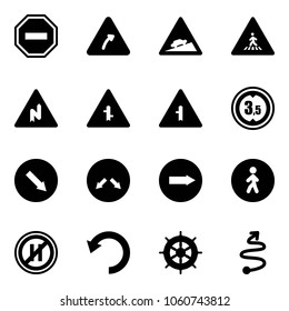 Solid vector icon set - no way vector road sign, turn right, climb, pedestrian, abrupt, intersection, limited height, detour, only, parking even, undo, hand wheel, trip