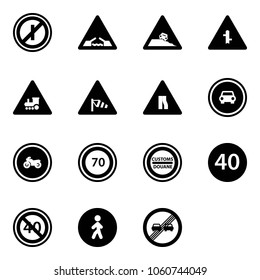 Solid vector icon set - no parkin odd, drawbridge vector road sign, steep roadside, intersection, railway, side wind, narrows, car, moto, speed limit 70, customs, minimal, end, pedestrian way