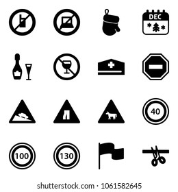 Solid vector icon set - no mobile sign vector, computer, christmas glove, calendar, wine, alcohol, doctor hat, way road, steep descent, narrows, cow, speed limit 40, 100, 130, flag, opening
