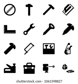 Solid vector icon set - no limit vector road sign, hammer, trowel, corner ruler, wrench, screw, metal hacksaw, tool box, winch, stapler, laser lever, constructor blocks