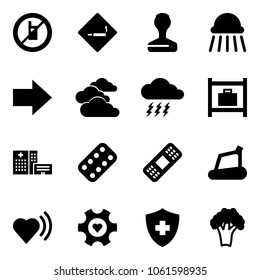 Solid vector icon set - no mobile sign vector, smoking area, stamp, shower, right arrow, clouds, storm, baggage room, hospital building, pills blister, medical patch, treadmill, heart beat, gear