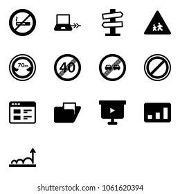 Solid vector icon set - no smoking sign vector, notebook connect, road signpost, children, limited distance, end speed limit, overtake, parking, website, folder, presentation board, statistics