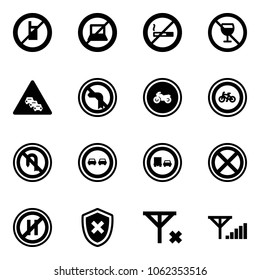 Solid vector icon set - no mobile sign vector, computer, smoking, alcohol, multi lane traffic road, left turn, moto, bike, back, overtake, truck, stop, parking even, shield cross, signal, fine