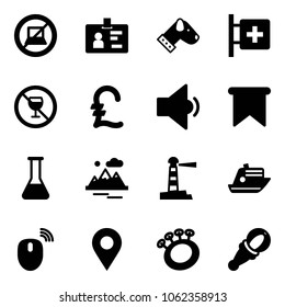 Solid vector icon set - no computer sign vector, identity, dog, first aid room, alcohol, pound, low volume, flag, flask, mountains, lighthouse, cruiser, mouse wireless, navigation pin, beanbag