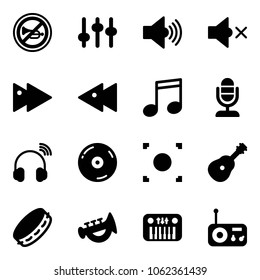 Solid vector icon set - no horn vector road sign, settings, volume max, off, fast forward, backward, music, microphone, wireless headphones, cd, record button, guitar, tambourine, toy, piano, radio