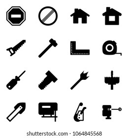 Solid vector icon set - no way vector road sign, limit, home, saw, sledgehammer, corner ruler, measuring tape, screwdriver, bolt, wood drill, crown, tile, jig, winch, laser lever