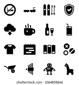 Solid vector icon set - no smoking sign vector, baggage truck, ski, shield check, download cloud, hot tea, wine, drink, t shirt, terms plan, battery, rivet, wheelbarrow, allen key set, robot