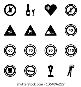 Solid vector icon set - no mobile sign vector, wine, heart, parkin odd, oncoming traffic road, slippery, gravel, speed limit 40, 60, 70, 90, 110, dangerous cargo, cart horse, pennant, plumber