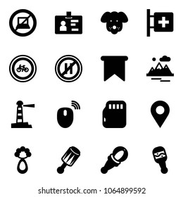Solid vector icon set - no computer sign vector, identity, dog, first aid room, bike road, parking even, flag, mountains, lighthouse, mouse wireless, micro flash card, navigation pin, beanbag