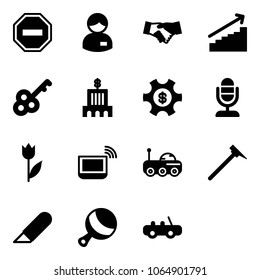 Solid vector icon set - no way vector road sign, manager, agreement, growth, key, bank building, money managemet, microphone, tulip, notebook wi fi, moon rover, mason hammer, work knife, beanbag
