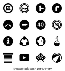 Solid vector icon set - no computer sign vector, cart horse road, only forward right, detour, minimal speed limit, end, pedestrian way, social, globe, round flask, jalousie, playback, ufo toy