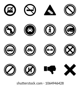 Solid vector icon set - no computer sign vector, smoking, multi lane traffic road, prohibition, left turn, car, pedestrian, truck, bus, bike, overtake, stop, parking, even, dislike, delete