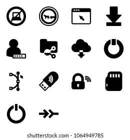 Solid vector icon set - no computer sign vector, cart horse road, cursor browser, download, user password, shared folder, cloud, standby, bezier, usb wi fi, wireless lock, micro flash card, button