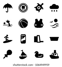 Solid vector icon set - , no dangerous cargo road sign, sea turtle, rain cloud, palm, ball, life vest, waves, surfing, drink, water power plant, basin, oiler, sailboat toy, duck