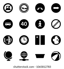 Solid vector icon set - no computer sign vector, cart horse road, detour, only right, bus, minimal speed limit, pedestrian way, globe, time, pause, basin, beach ball