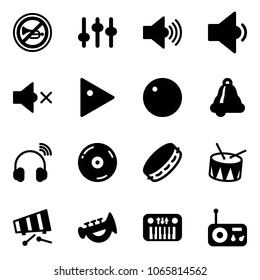 Solid vector icon set - no horn vector road sign, settings, volume max, low, off, play, record, bell, wireless headphones, cd, tambourine, drum, xylophone, toy, piano, radio