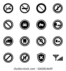 Solid vector icon set - no smoking sign vector, prohibition road, parkin odd, car, moto, trailer, truck, dangerous cargo, turn back, overtake, parking, even, shield cross, fine signal