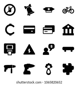 Solid vector icon set - no mobile sign vector, bell, candy, bike, cent, credit card, bank, atm, intersection road, money dialog, skateboard, drill machine, beanbag, puzzle