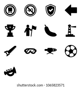 Solid vector icon set - no dangerous cargo vector road sign, end minimal speed limit, shield check, left arrow, win cup, banana, lighthouse, saw, protective glasses, pipe welding, soccer ball