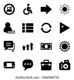 Solid vector icon set - no computer sign vector, disabled, right arrow, sun, user password, menu, refresh, play, chat, arrows up, money, game console, tool box, camera