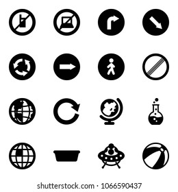 Solid vector icon set - no mobile sign vector, computer, only right road, detour, circle, pedestrian way, limit, globe, reload, round flask, basin, ufo toy, beach ball