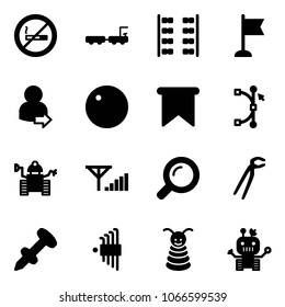 Solid vector icon set - no smoking sign vector, baggage truck, plane seats, flag, user login, record, bezier, robot, fine signal, magnifier, plumber, nail dowel, allen key set, pyramid toy