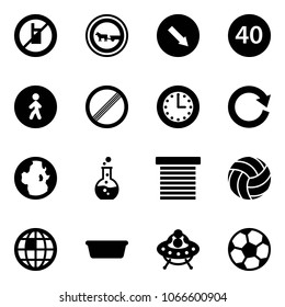 Solid vector icon set - no mobile sign vector, cart horse road, detour, minimal speed limit, pedestrian way, time, reload, globe, round flask, jalousie, volleyball, basin, ufo toy, soccer ball