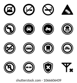 Solid vector icon set - no computer sign vector, smoking, multi lane traffic road, left turn, car, moto, dangerous cargo, horn, bus, bike, back, overtake, shield cross, signal