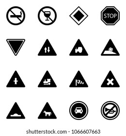 Solid vector icon set - no smoking sign vector, alcohol, main road, stop, giving way, oncoming traffic, tractor, steep roadside, intersection, railway, side wind, artificial unevenness, cow, car